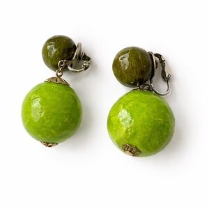 Vintage 1950s Tiki Lime Fruit Dangle Earrings Green Wood Clip On Retro